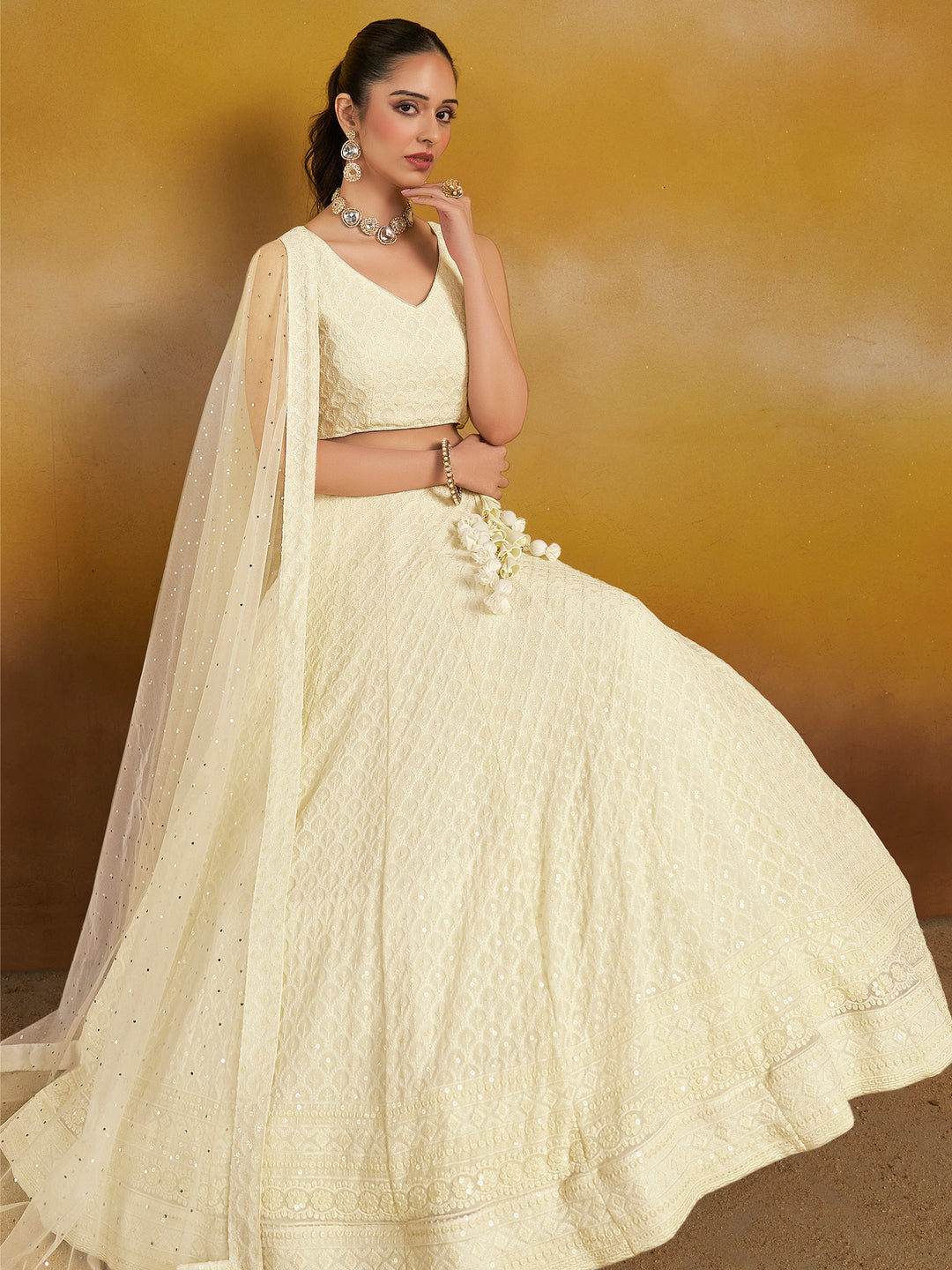 White Georgette Embroidered Semi Stitched Lehenga Choli with Dupatta