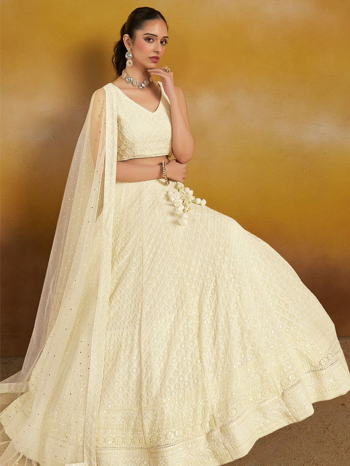 White Georgette Embroidered Semi Stitched Lehenga Choli with Dupatta