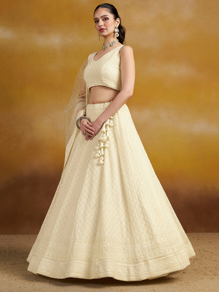 White Georgette Embroidered Semi Stitched Lehenga Choli with Dupatta