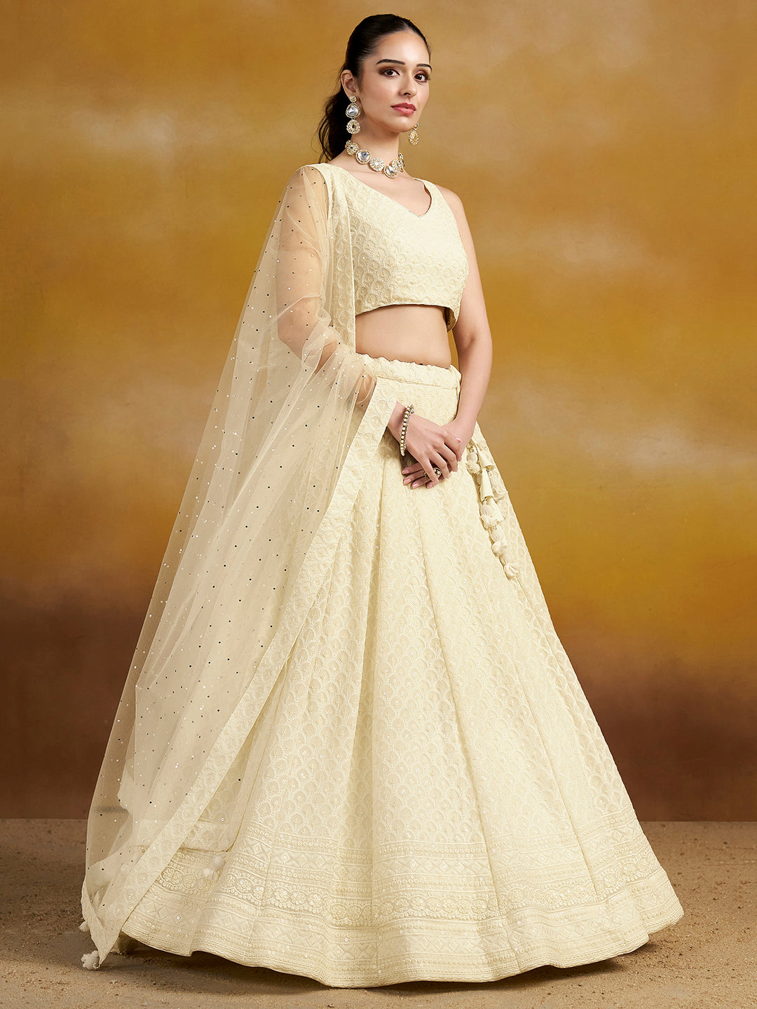 White Georgette Embroidered Semi Stitched Lehenga Choli with Dupatta