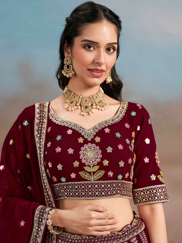 Maroon Georgette Embroidered Semi Stitched Lehenga Choli with Dupatta
