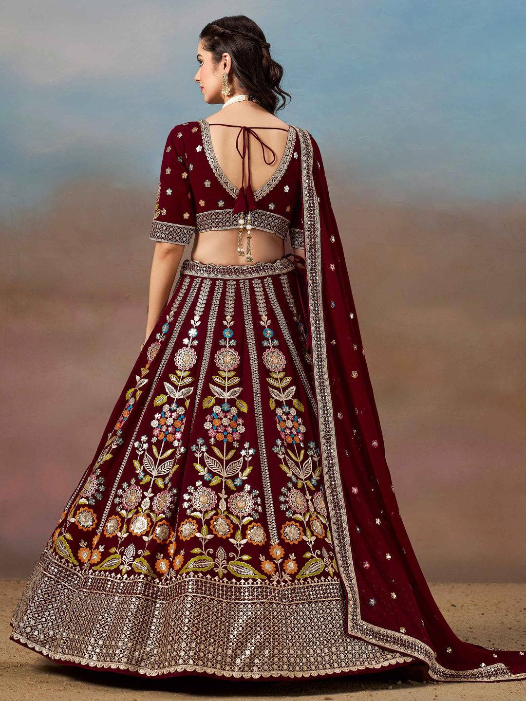 Maroon Georgette Embroidered Semi Stitched Lehenga Choli with Dupatta