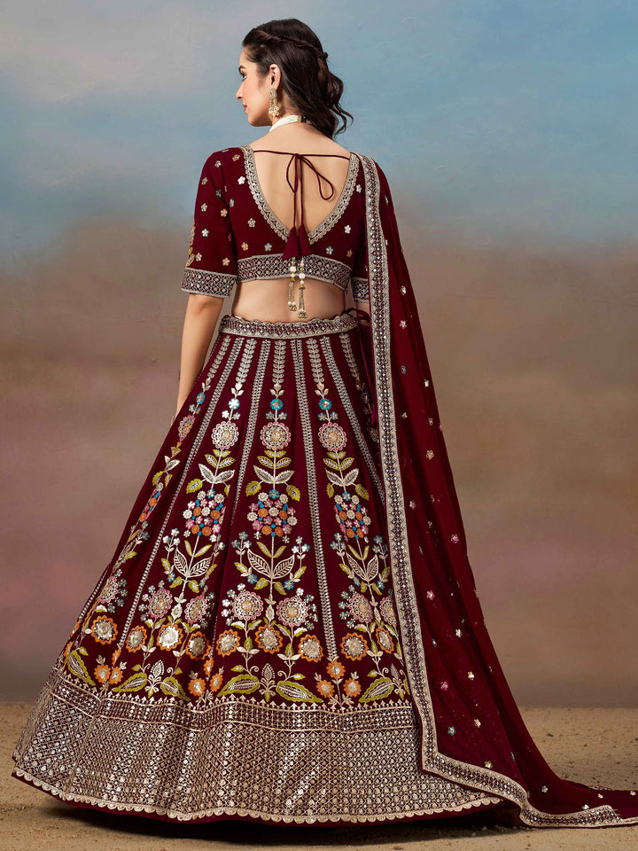 Maroon Georgette Embroidered Semi Stitched Lehenga Choli with Dupatta
