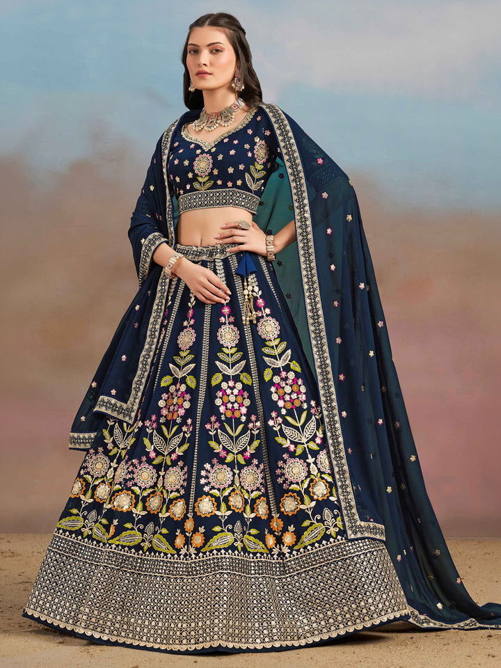 Navy-Blue Georgette Embroidered Semi Stitched Lehenga Choli with Dupatta