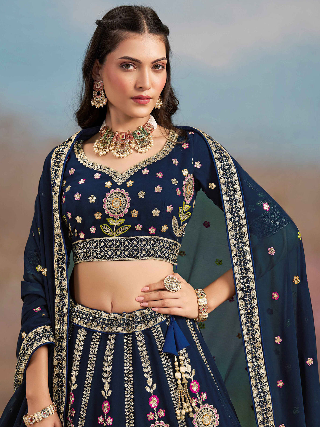 Navy-Blue Georgette Embroidered Semi Stitched Lehenga Choli with Dupatta