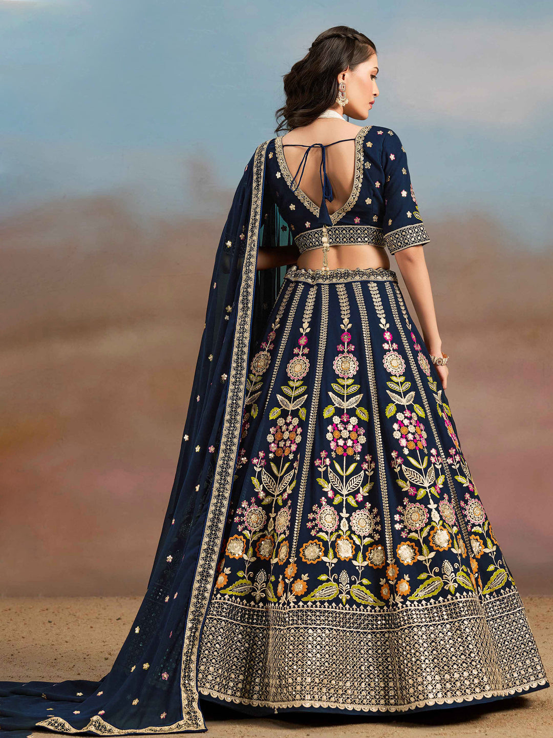Navy-Blue Georgette Embroidered Semi Stitched Lehenga Choli with Dupatta