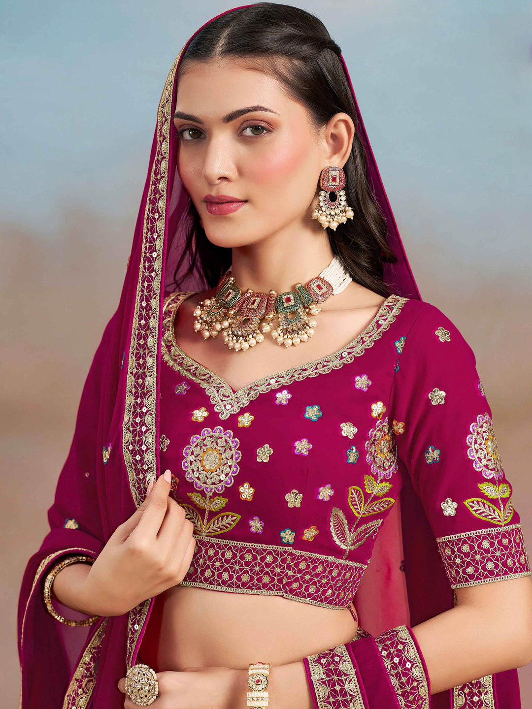 Pink Georgette Embroidered Semi Stitched Lehenga Choli with Dupatta
