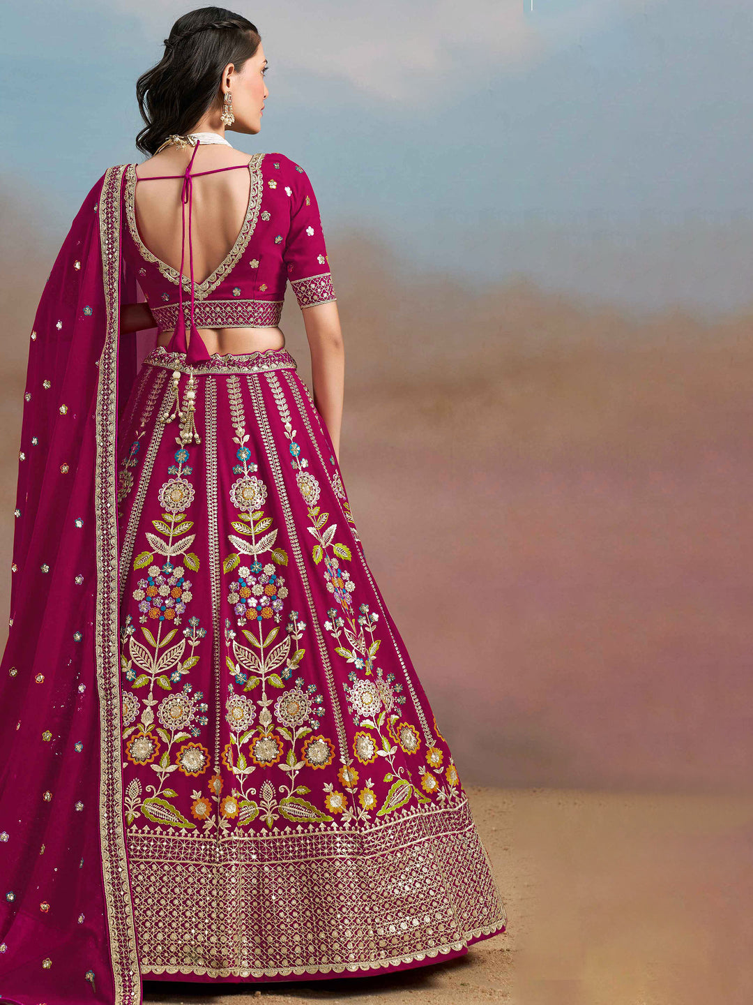 Pink Georgette Embroidered Semi Stitched Lehenga Choli with Dupatta