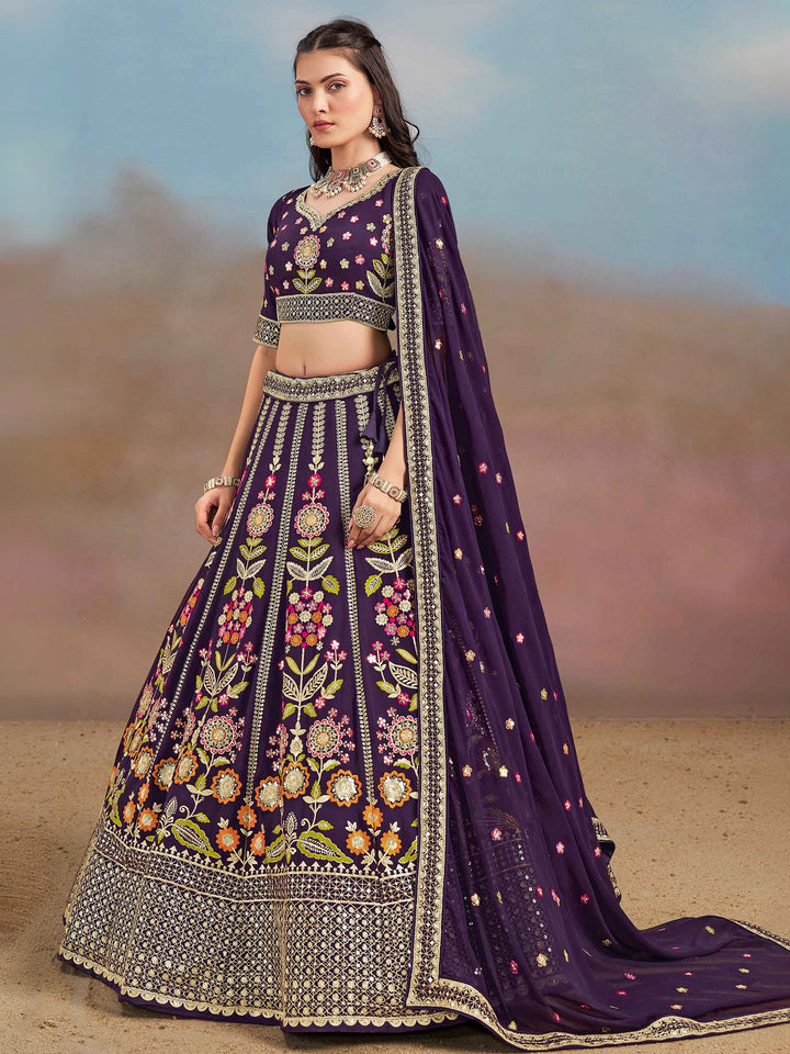Purple Georgette Embroidered Semi Stitched Lehenga Choli with Dupatta