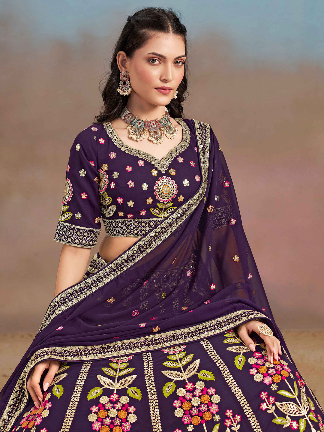 Purple Georgette Embroidered Semi Stitched Lehenga Choli with Dupatta