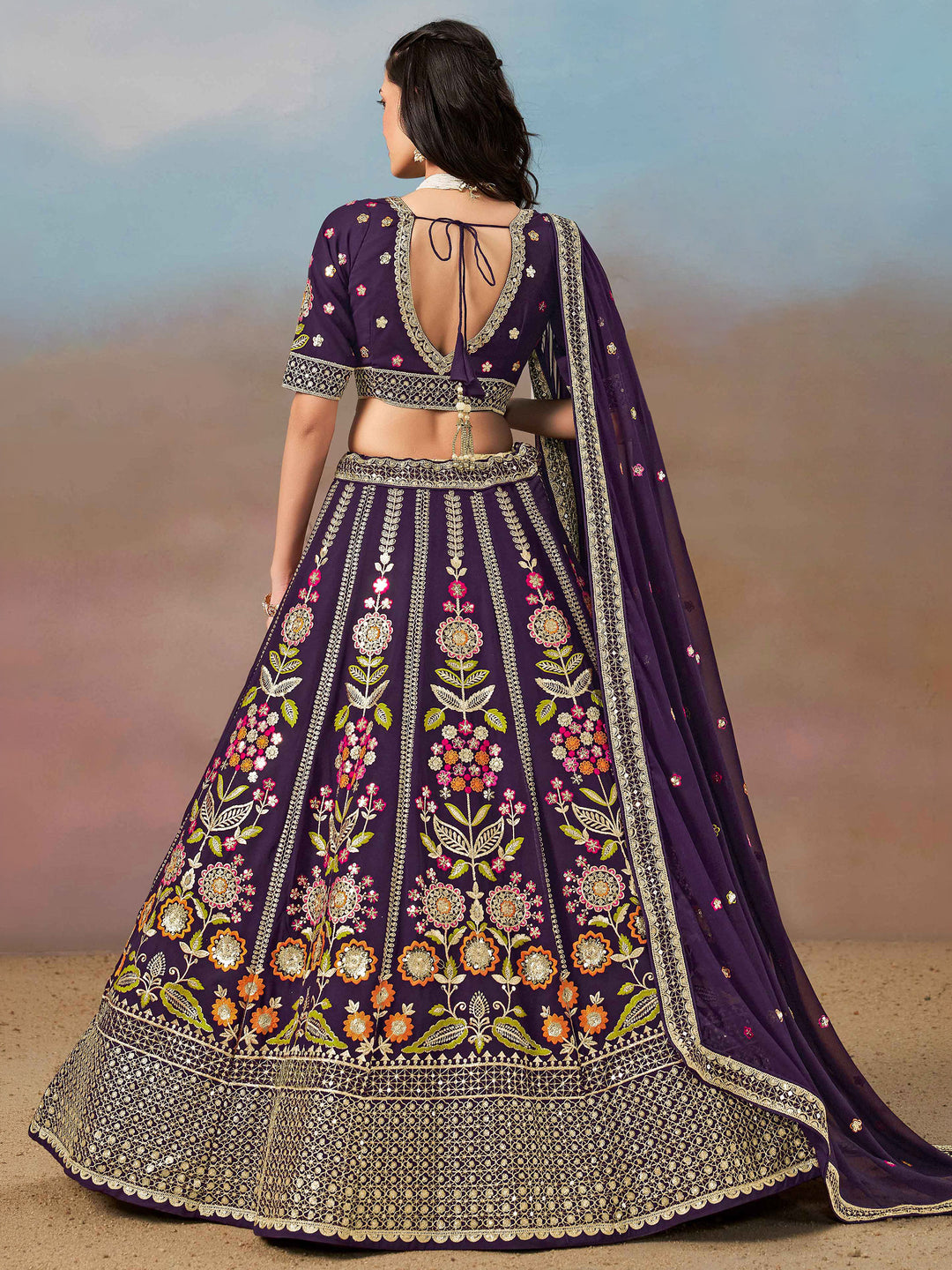 Purple Georgette Embroidered Semi Stitched Lehenga Choli with Dupatta