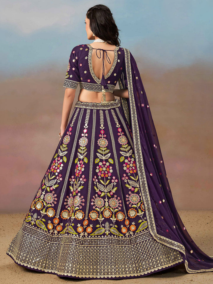 Purple Georgette Embroidered Semi Stitched Lehenga Choli with Dupatta