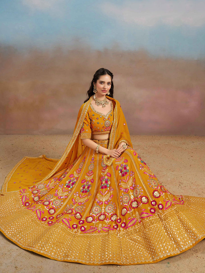 Yellow Georgette Embroidered Semi Stitched Lehenga Choli with Dupatta