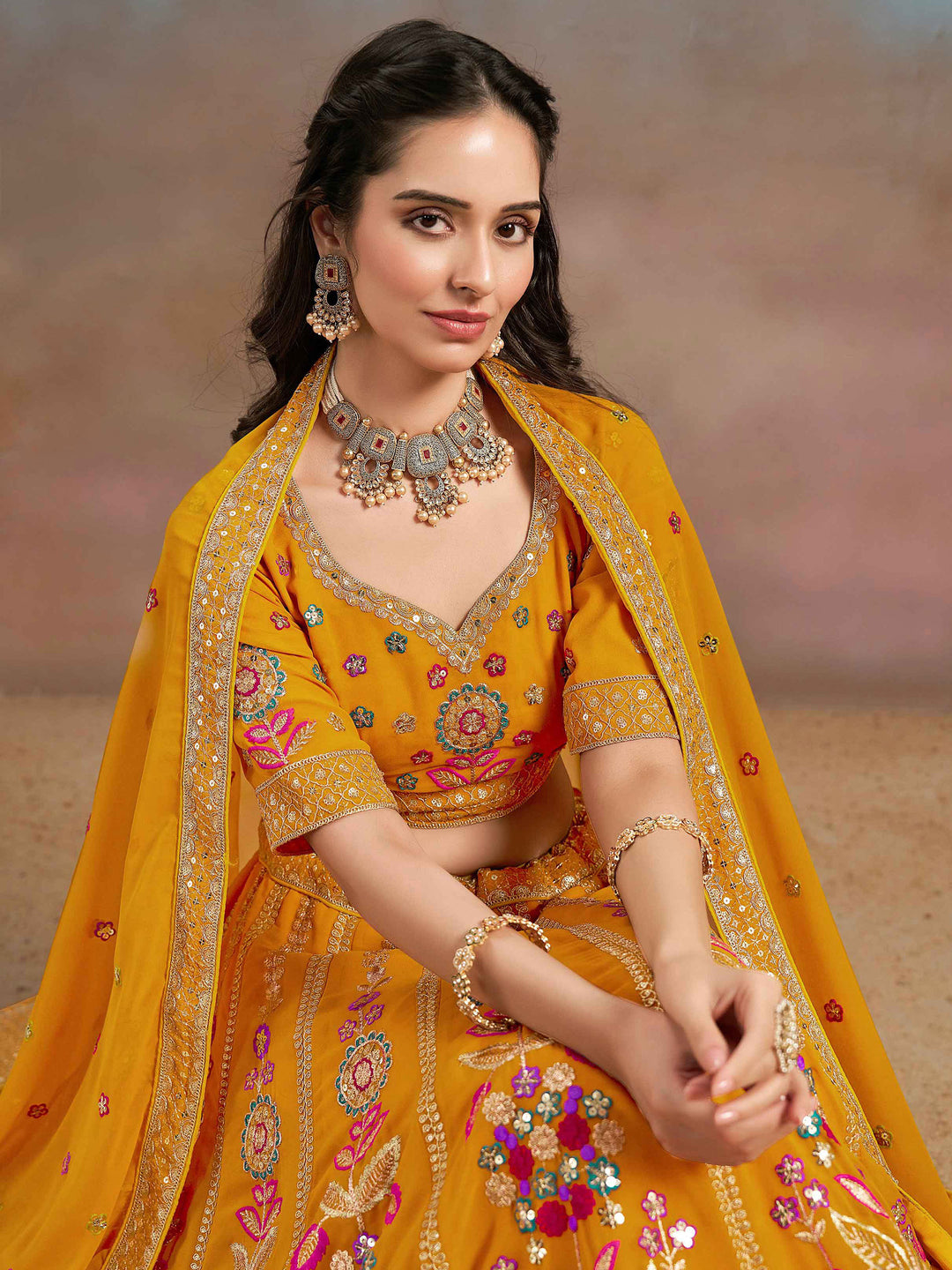 Yellow Georgette Embroidered Semi Stitched Lehenga Choli with Dupatta