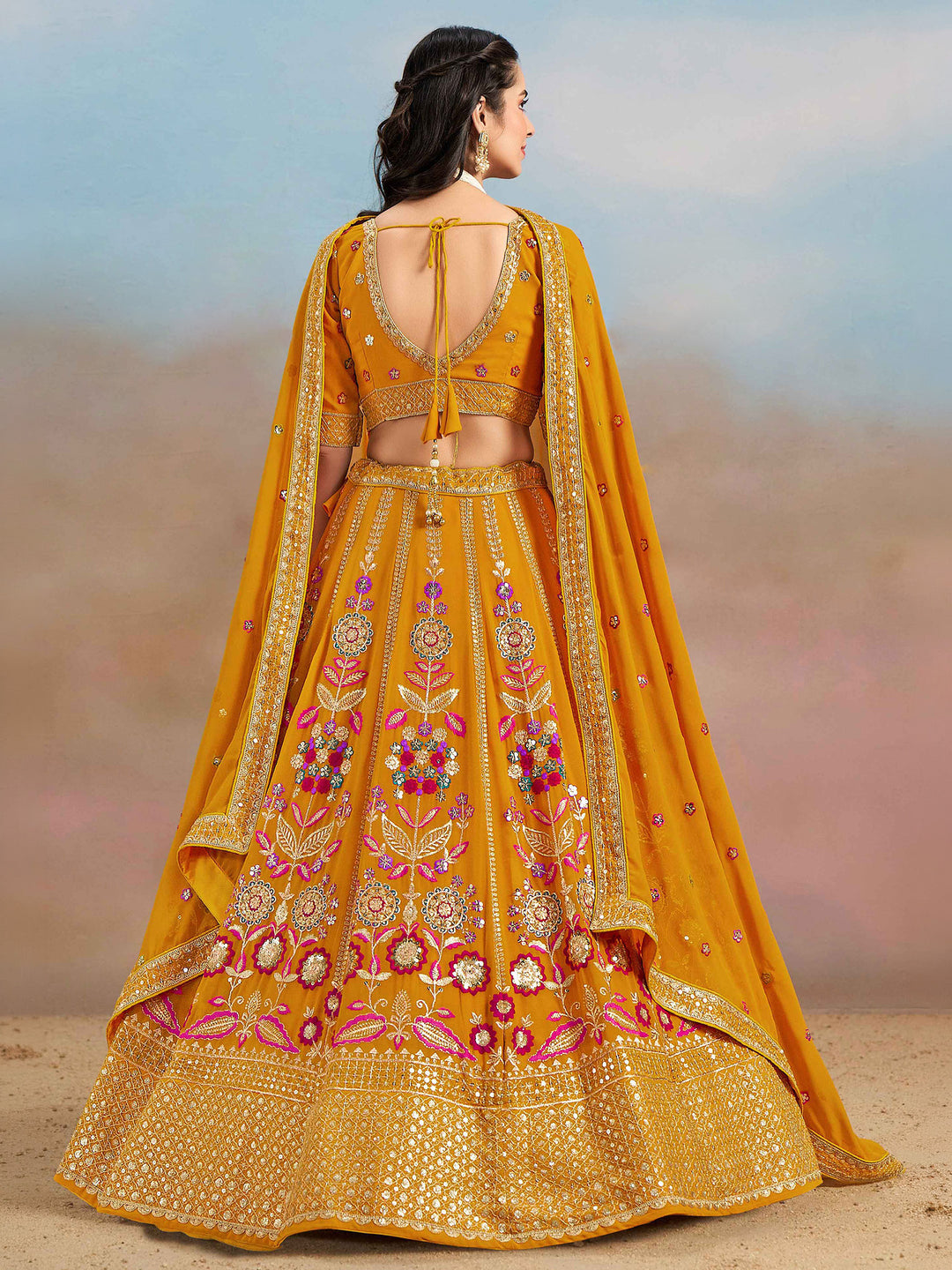 Yellow Georgette Embroidered Semi Stitched Lehenga Choli with Dupatta