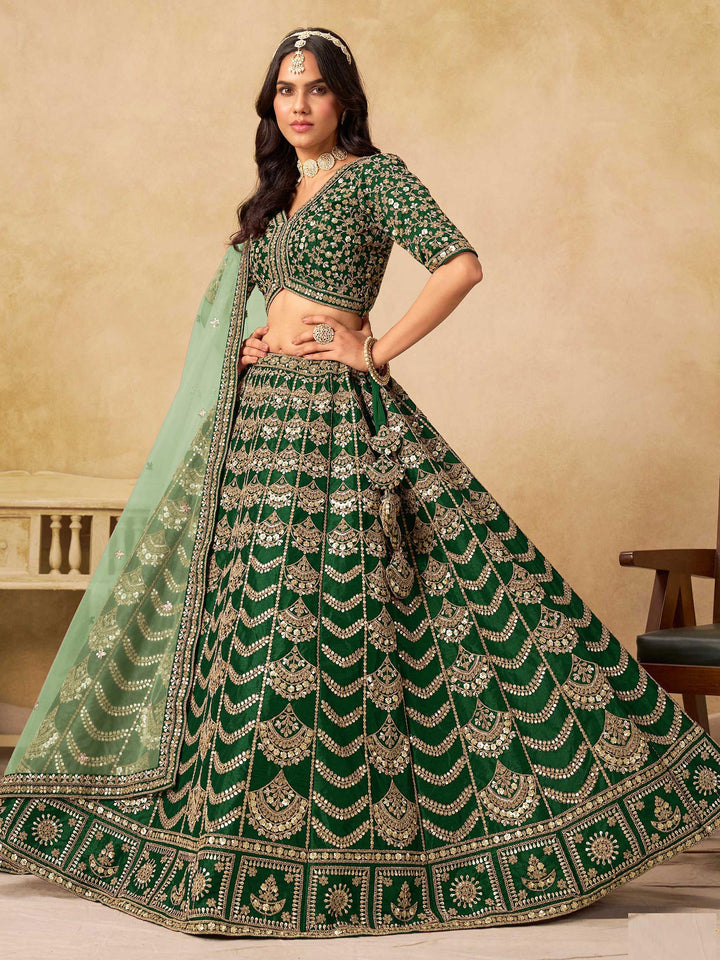 Green Embroidered Art Silk Semi Stitched Kurta Choli With Lehenga &amp; Dupatta