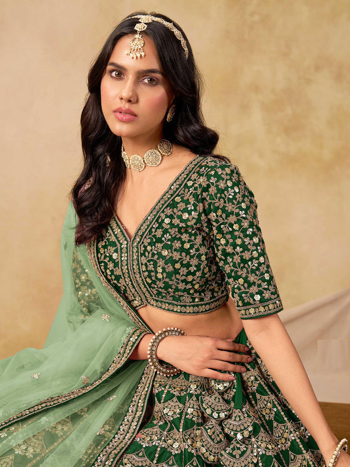 Green Embroidered Art Silk Semi Stitched Kurta Choli With Lehenga &amp; Dupatta