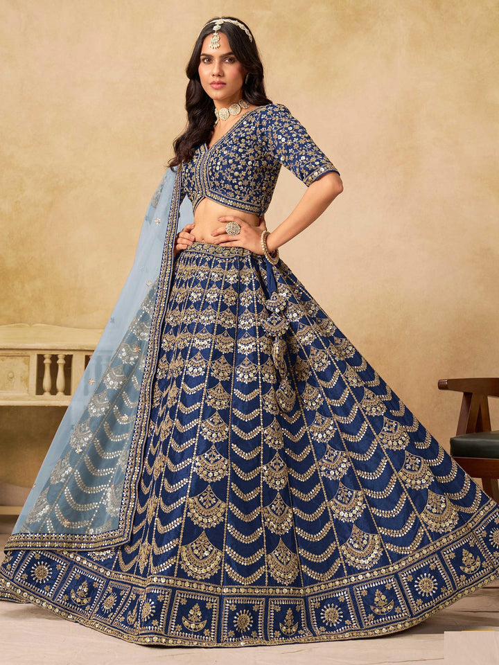 Blue Embroidered Art Silk Semi Stitched Kurta Choli With Lehenga &amp; Dupatta