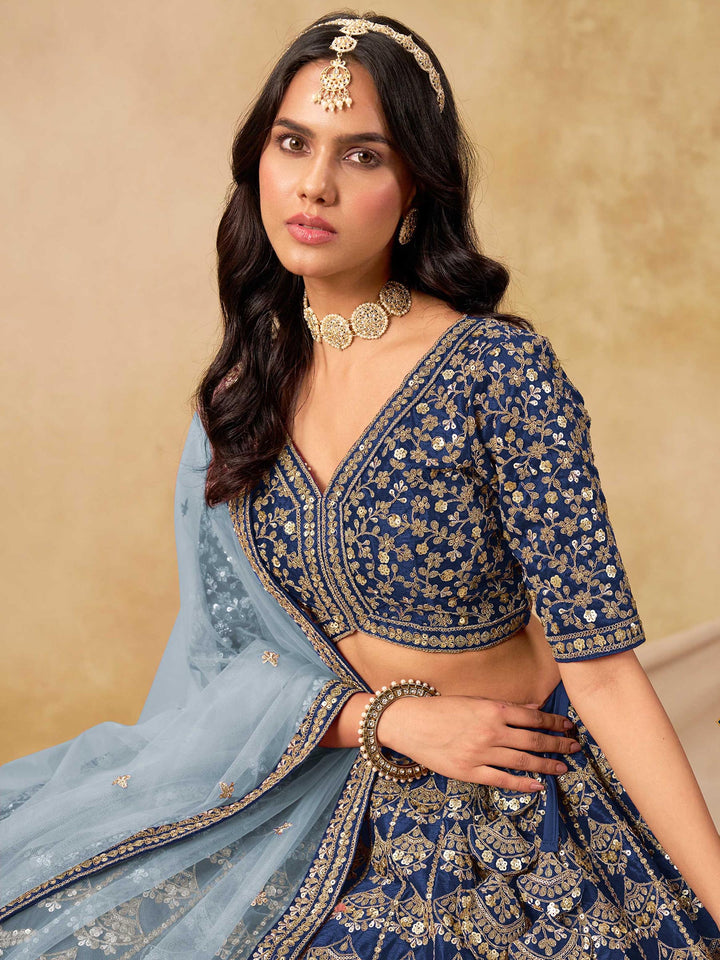 Blue Embroidered Art Silk Semi Stitched Kurta Choli With Lehenga &amp; Dupatta