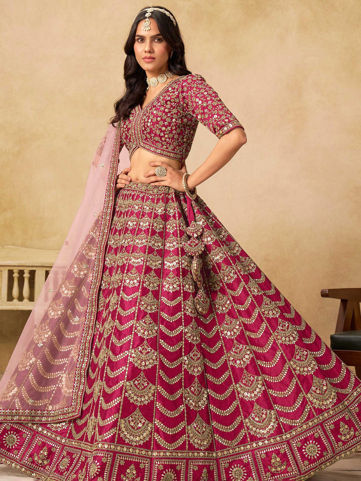 Rani Embroidered Art Silk Semi Stitched Kurta Choli With Lehenga &amp; Dupatta