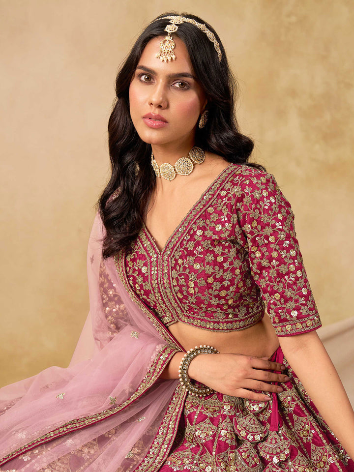 Rani Embroidered Art Silk Semi Stitched Kurta Choli With Lehenga &amp; Dupatta