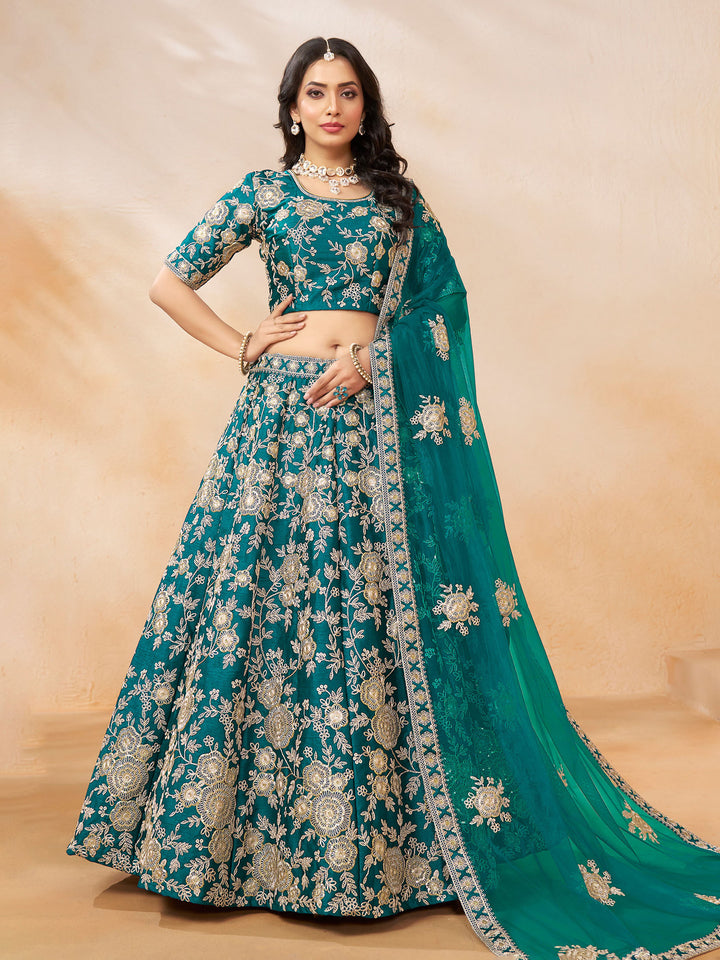 Teal Green Embroidered Art Silk Semi Stitched Kurta Choli With Lehenga &amp; Dupatta