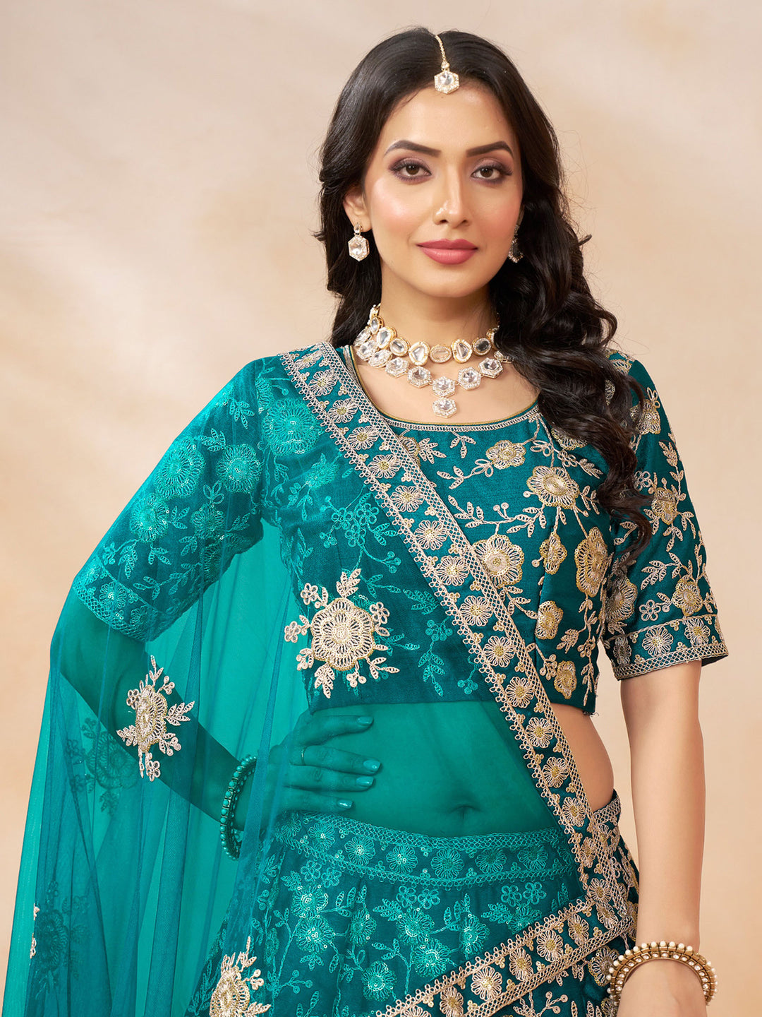 Teal Green Embroidered Art Silk Semi Stitched Kurta Choli With Lehenga &amp; Dupatta