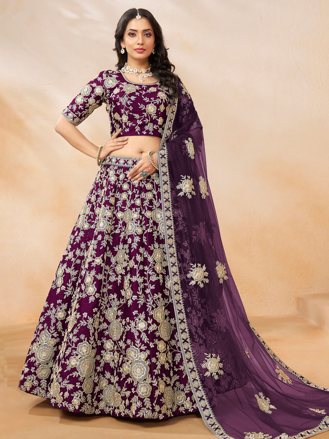 Purple Embroidered Art Silk Semi Stitched Kurta Choli With Lehenga &amp; Dupatta