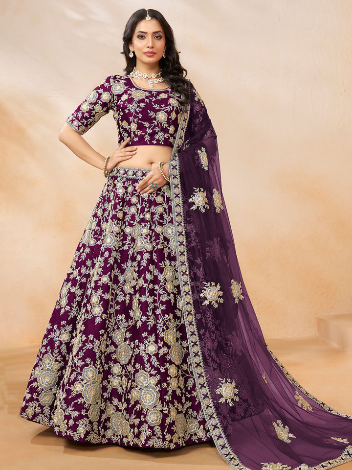 Purple Embroidered Art Silk Semi Stitched Kurta Choli With Lehenga &amp; Dupatta
