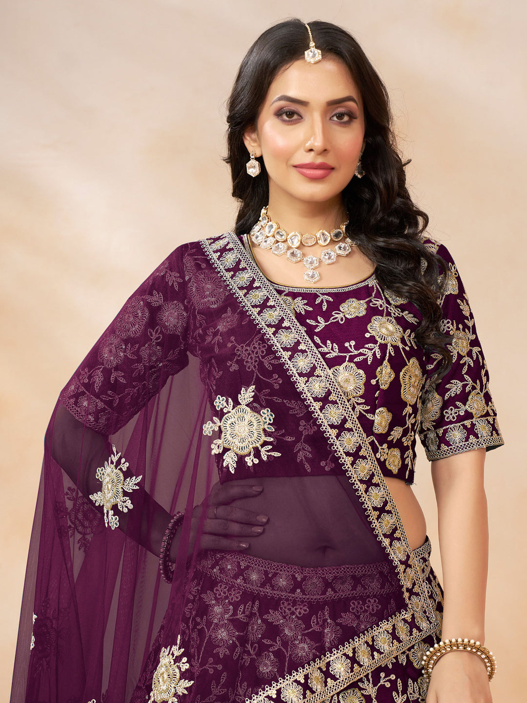Purple Embroidered Art Silk Semi Stitched Kurta Choli With Lehenga &amp; Dupatta