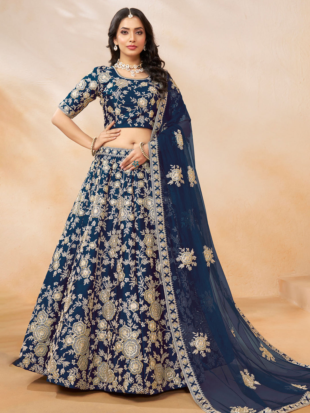 Teal Blue Embroidered Art Silk Semi Stitched Kurta Choli With Lehenga &amp; Dupatta