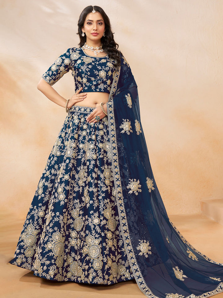 Teal Blue Embroidered Art Silk Semi Stitched Kurta Choli With Lehenga &amp; Dupatta