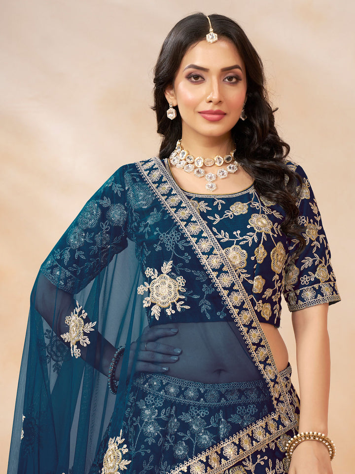 Teal Blue Embroidered Art Silk Semi Stitched Kurta Choli With Lehenga &amp; Dupatta