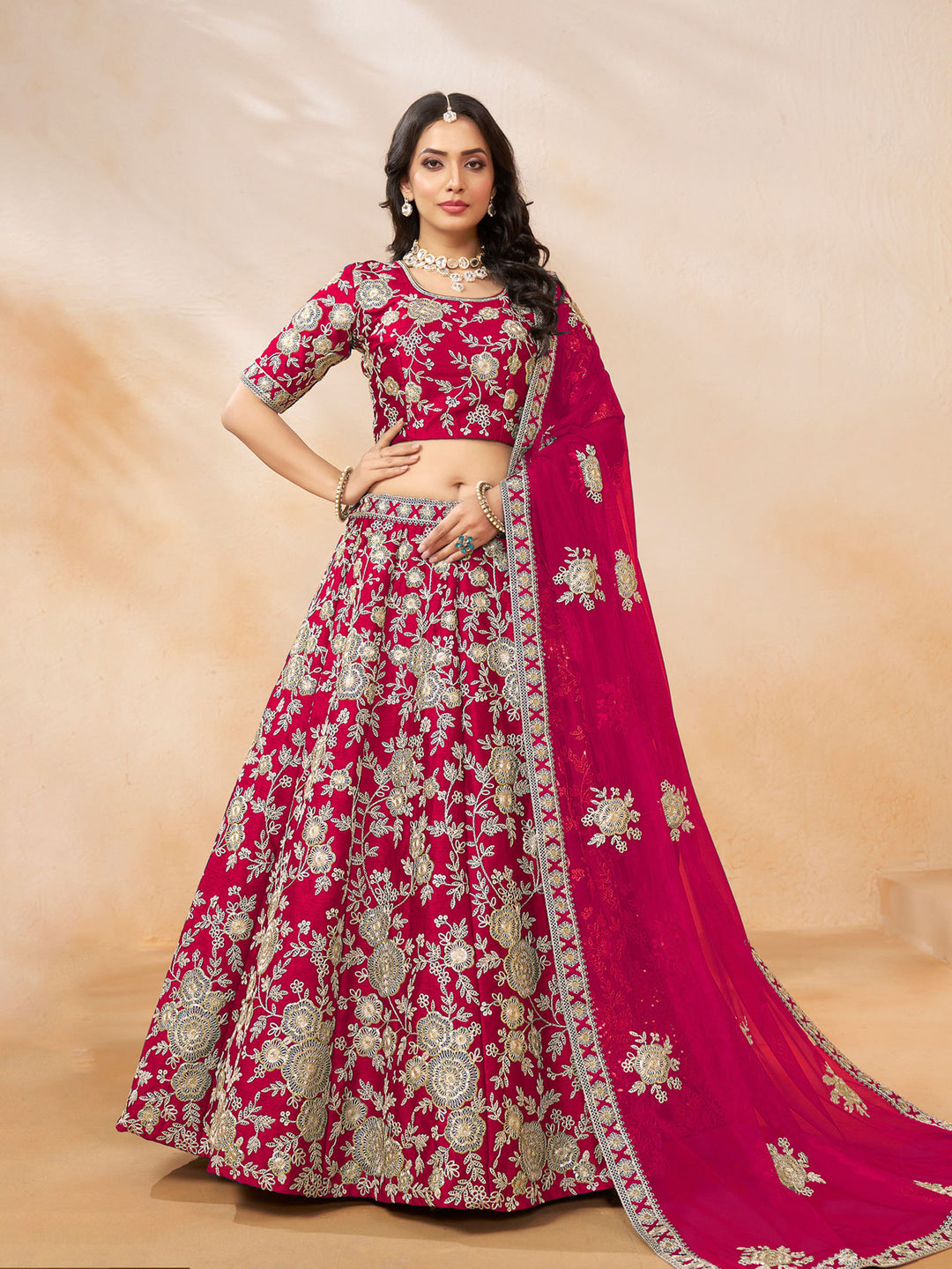 Pink Embroidered Art Silk Semi Stitched Kurta Choli With Lehenga &amp; Dupatta
