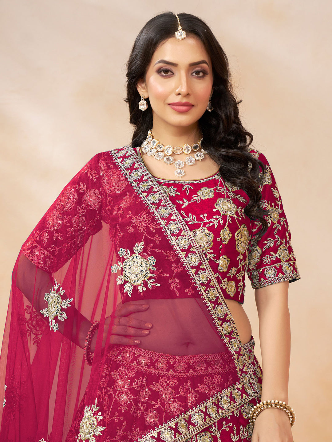 Pink Embroidered Art Silk Semi Stitched Kurta Choli With Lehenga &amp; Dupatta