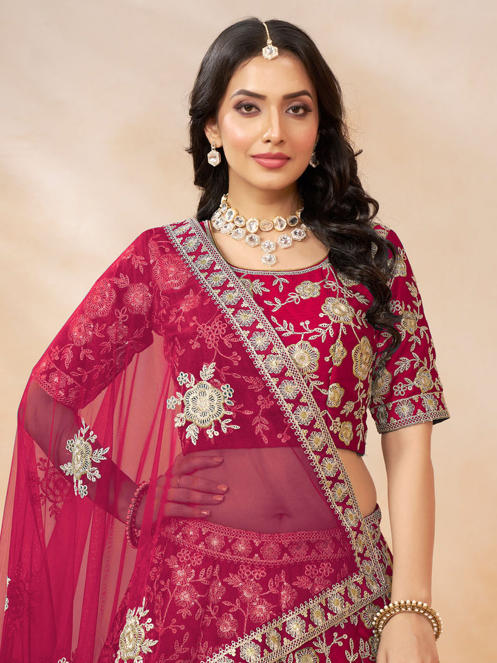 Pink Embroidered Art Silk Semi Stitched Kurta Choli With Lehenga &amp; Dupatta