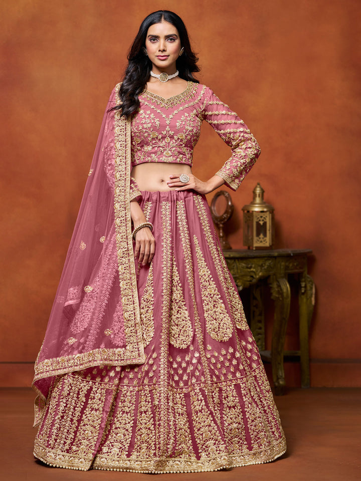Magenta Embroidered Net Semi Stitched Kurta Choli With Lehenga &amp; Dupatta