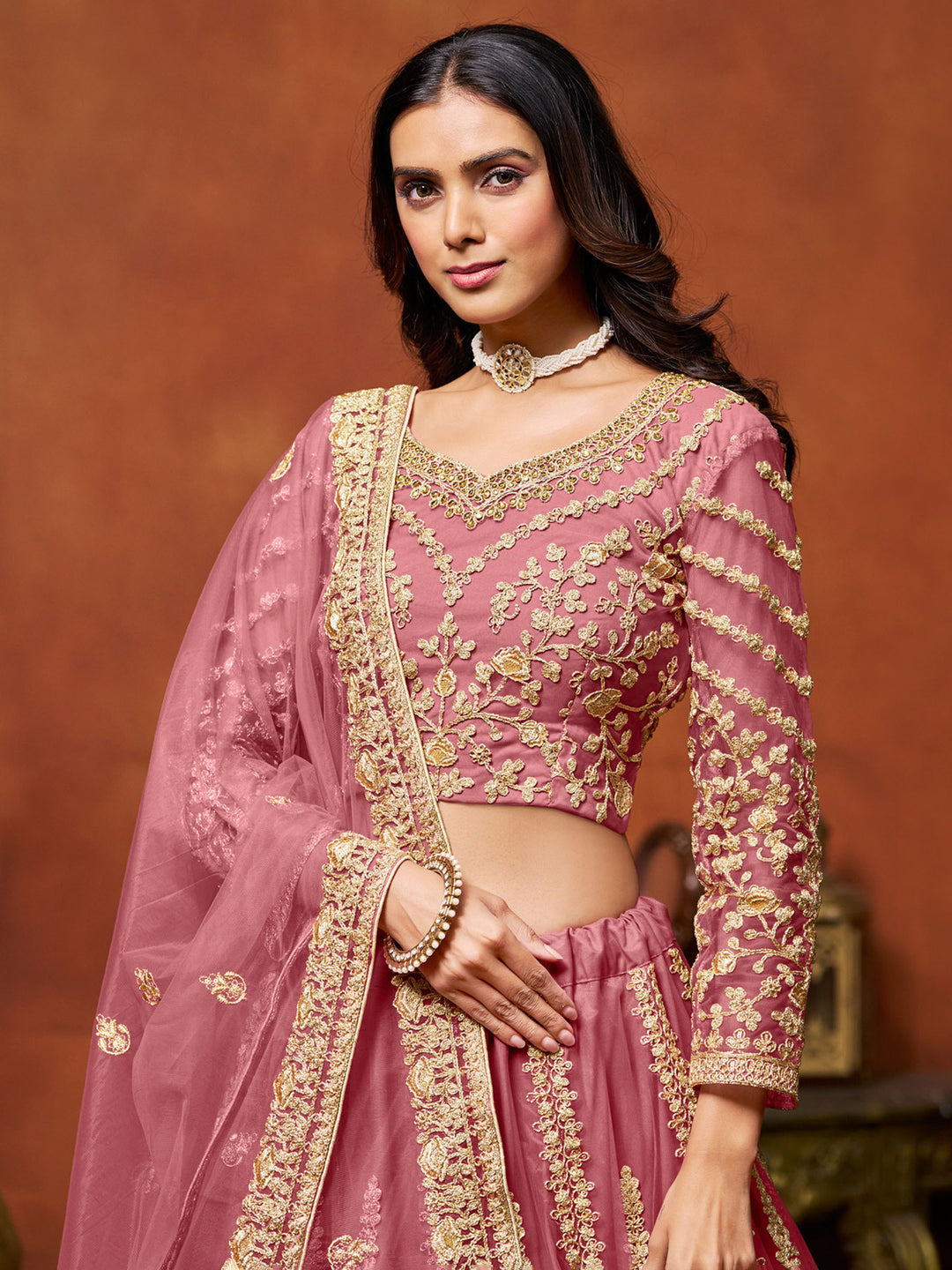 Magenta Embroidered Net Semi Stitched Kurta Choli With Lehenga &amp; Dupatta