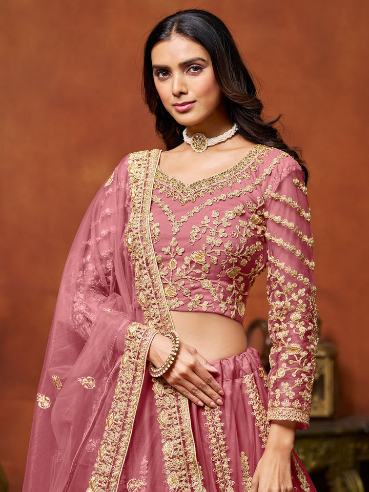 Magenta Embroidered Net Semi Stitched Kurta Choli With Lehenga &amp; Dupatta
