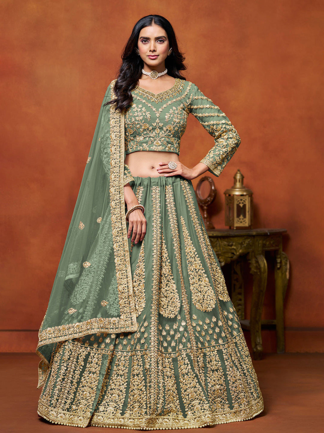 Green Embroidered Net Semi Stitched Kurta Choli With Lehenga &amp; Dupatta