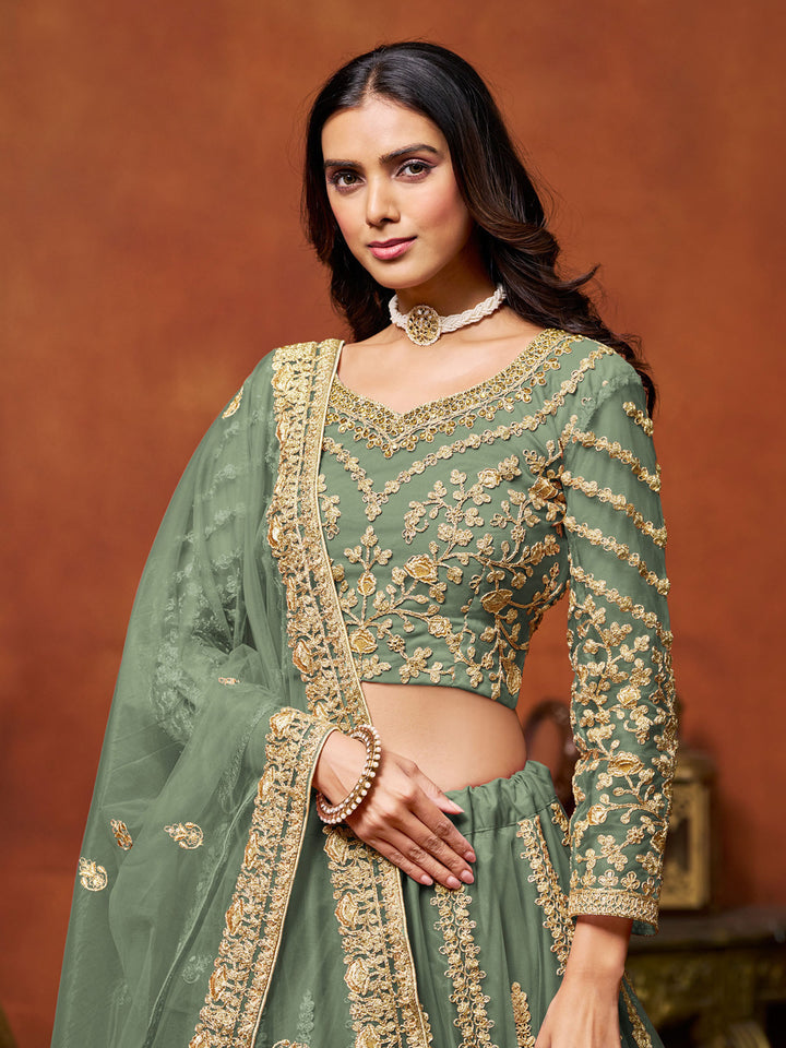Green Embroidered Net Semi Stitched Kurta Choli With Lehenga &amp; Dupatta