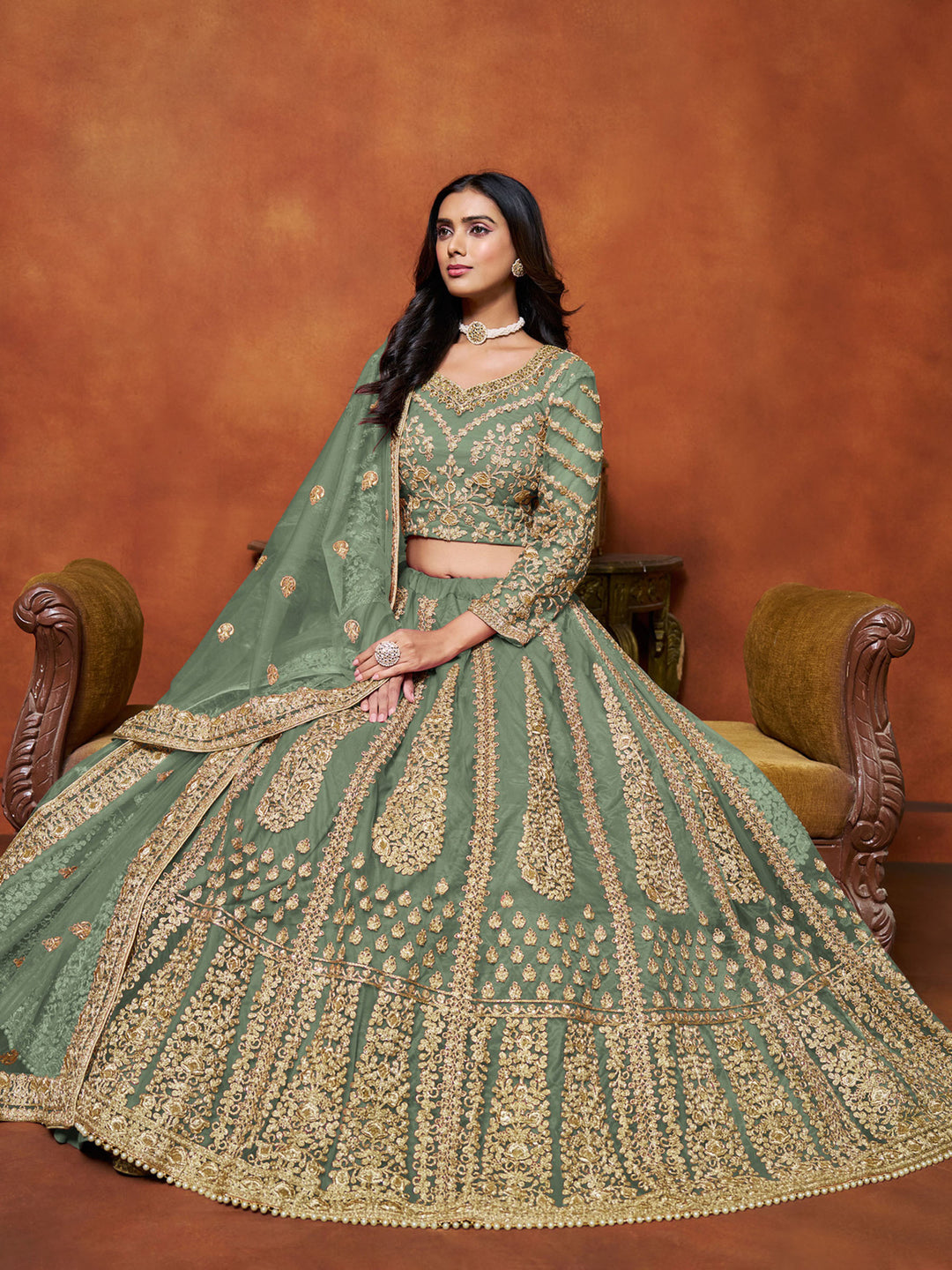 Green Embroidered Net Semi Stitched Kurta Choli With Lehenga &amp; Dupatta