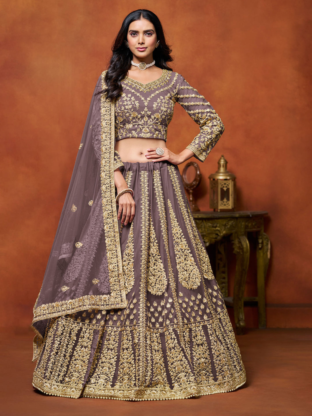 Lavender Embroidered Net Semi Stitched Kurta Choli With Lehenga &amp; Dupatta
