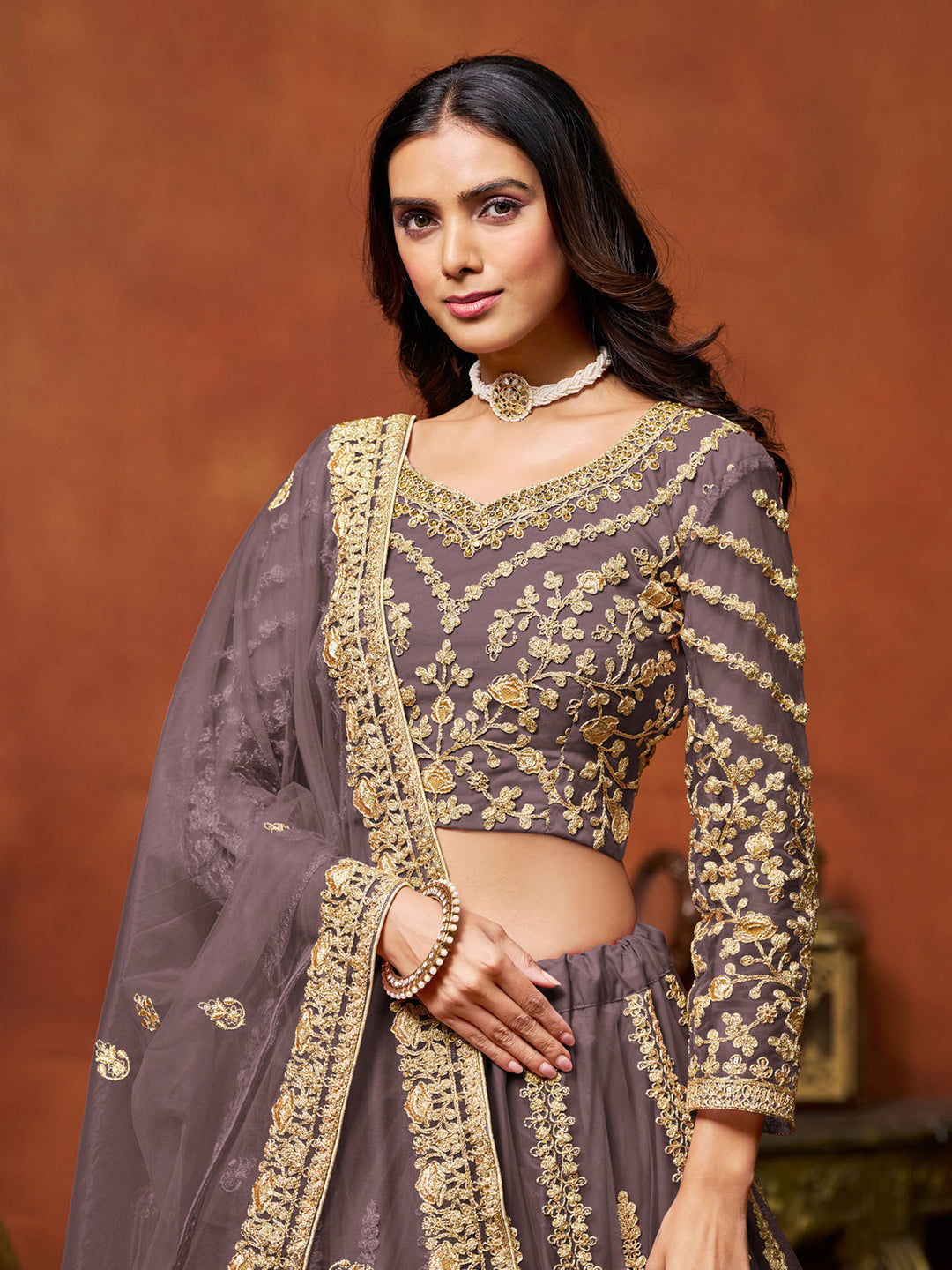 Lavender Embroidered Net Semi Stitched Kurta Choli With Lehenga &amp; Dupatta