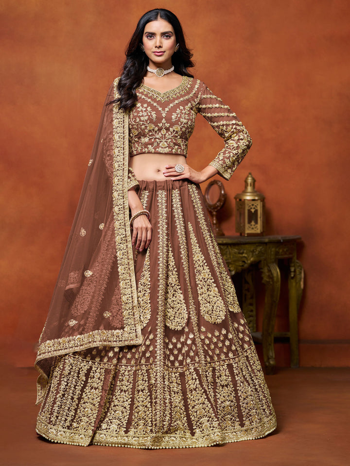Brown Embroidered Net Semi Stitched Kurta Choli With Lehenga &amp; Dupatta