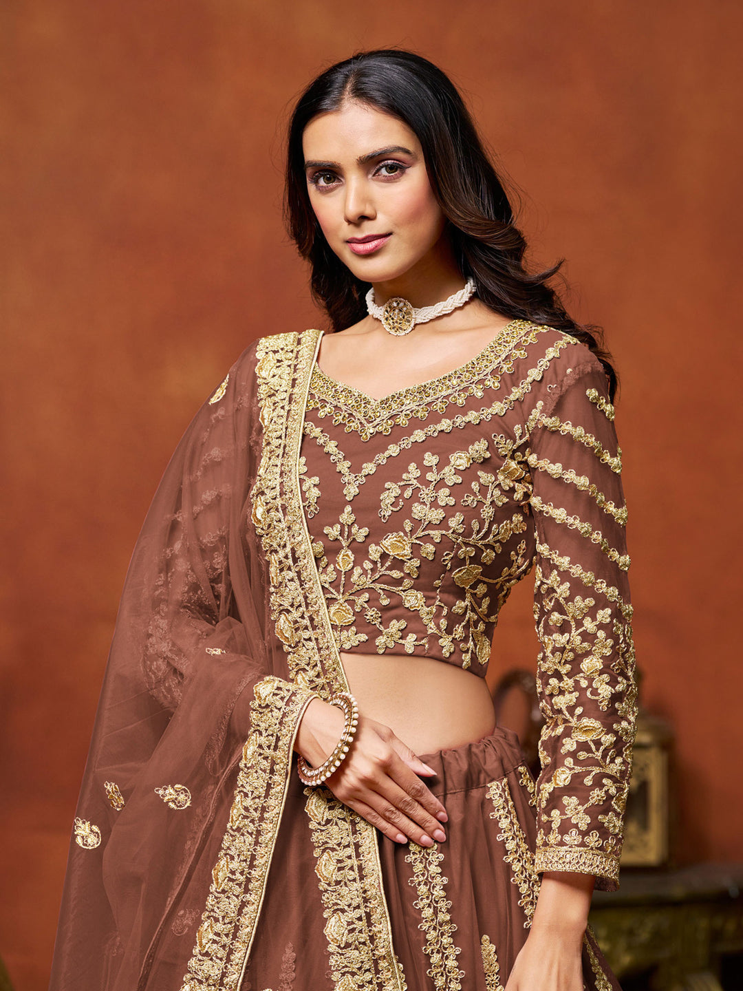 Brown Embroidered Net Semi Stitched Kurta Choli With Lehenga &amp; Dupatta