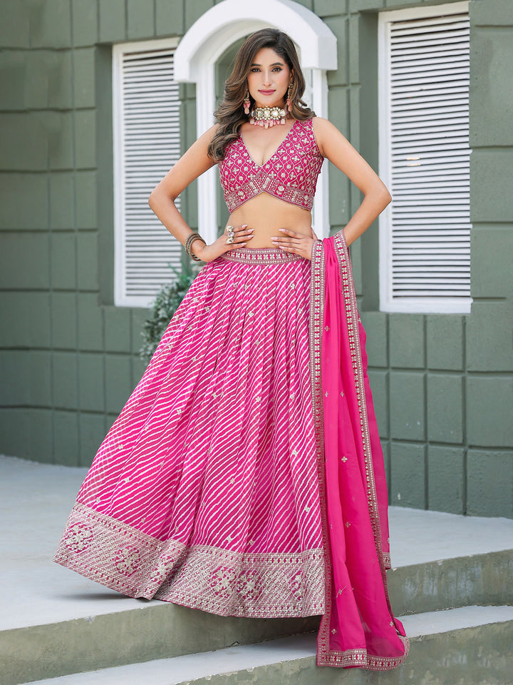 Pink Embroidered Art Silk Semi Stitched Kurta Choli With Lehenga &amp; Dupatta