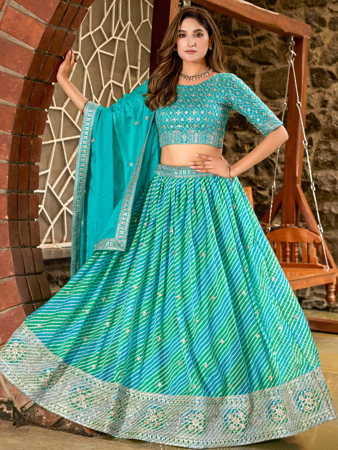 Teal Green Embroidered Art Silk Semi Stitched Kurta Choli With Lehenga &amp; Dupatta