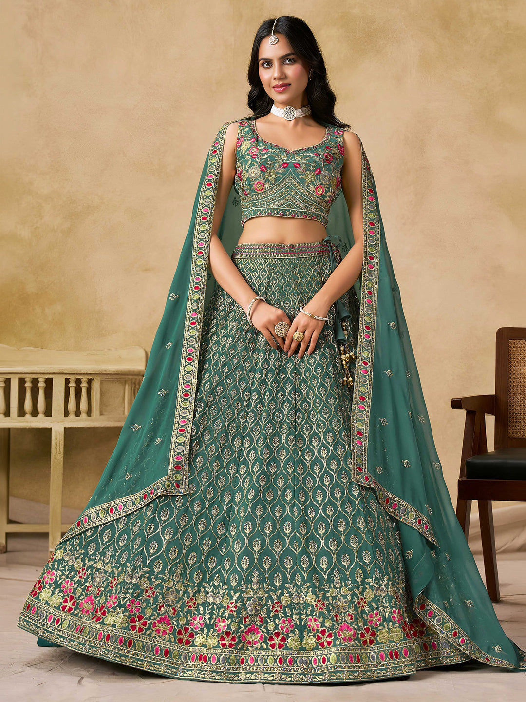 Blue Georgette Embroidered Semi Stitched Lehenga Choli with Dupatta