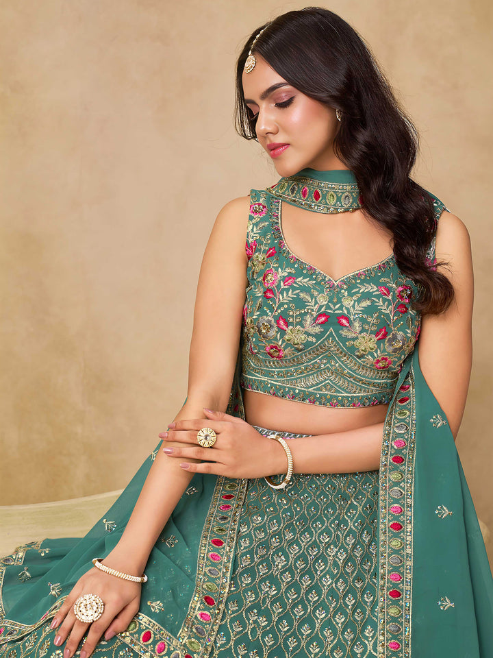 Blue Georgette Embroidered Semi Stitched Lehenga Choli with Dupatta